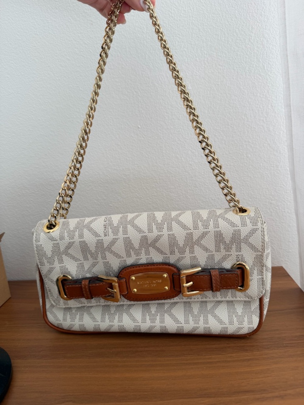 Michael Kors Hamilton Cream Logo Shoulder Bag with Brown Trim and Gold Chainlink